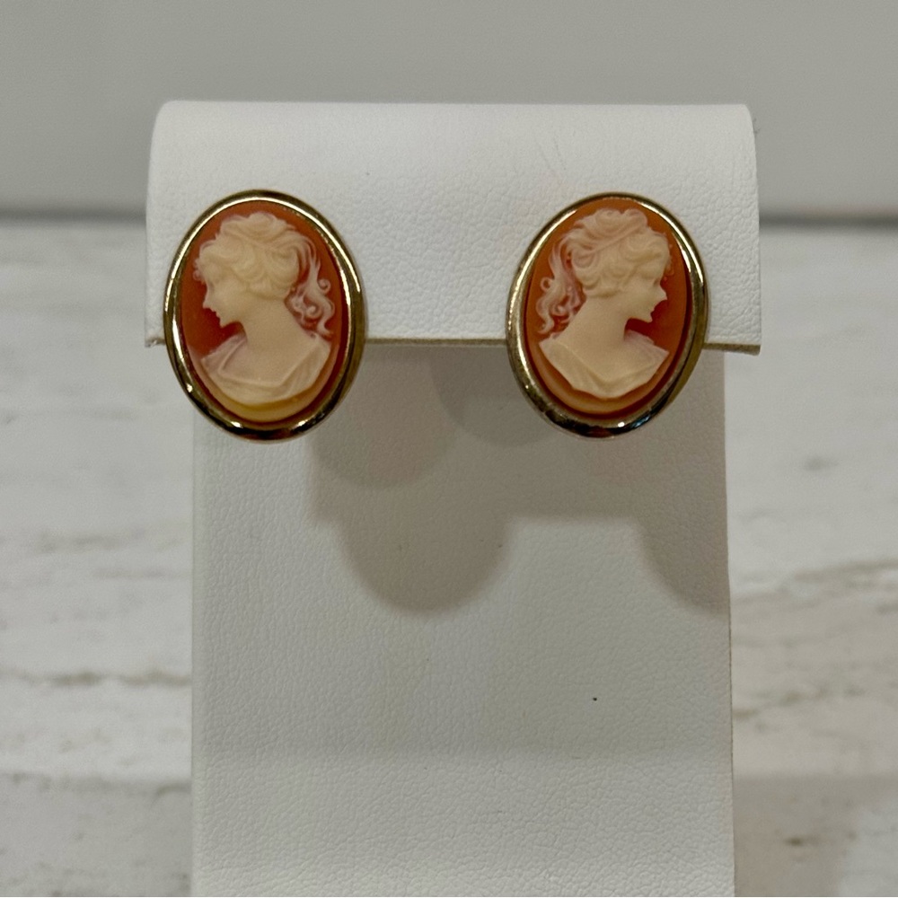 Cameo Profile Earrings | Gold Tone Oval Studs Victorian Style